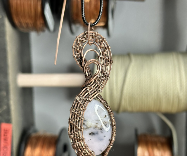 Pink dendritic opal pure copper wrapped pendant 