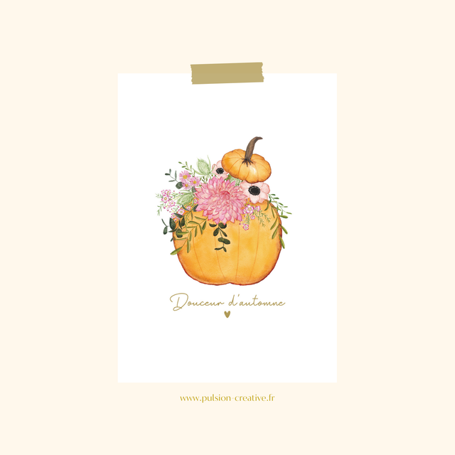 Carte postale aquarelle - Citrouille fleurie