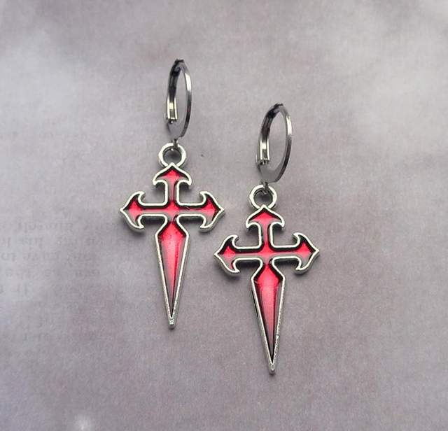 Red Gothic Cross Hoop Earrings 