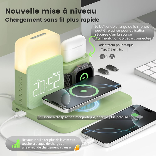 Station de Charge 3-en-1 COSLUS – Charge Sans Fil 15W, Réveil Lumineux & Lampe de Chevet (Vert)
