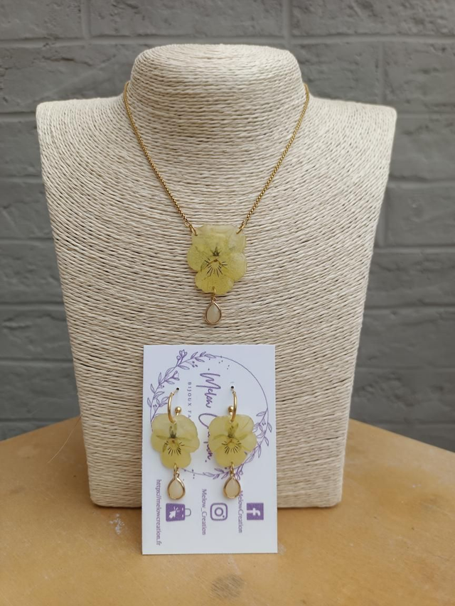 Parure collier + boucles - Pensées Jaunes 
