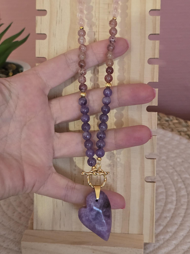 Collier Lépidolite, Quartz fraise, Quartz rose, Cristal de roche en 0,6 cm