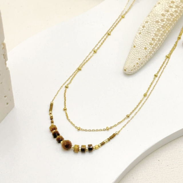 Collier double rang pierre brun