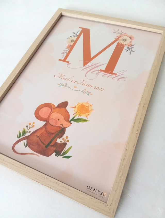 Affiche Naissance Prénom (personnalisable) - Souris avec fleur