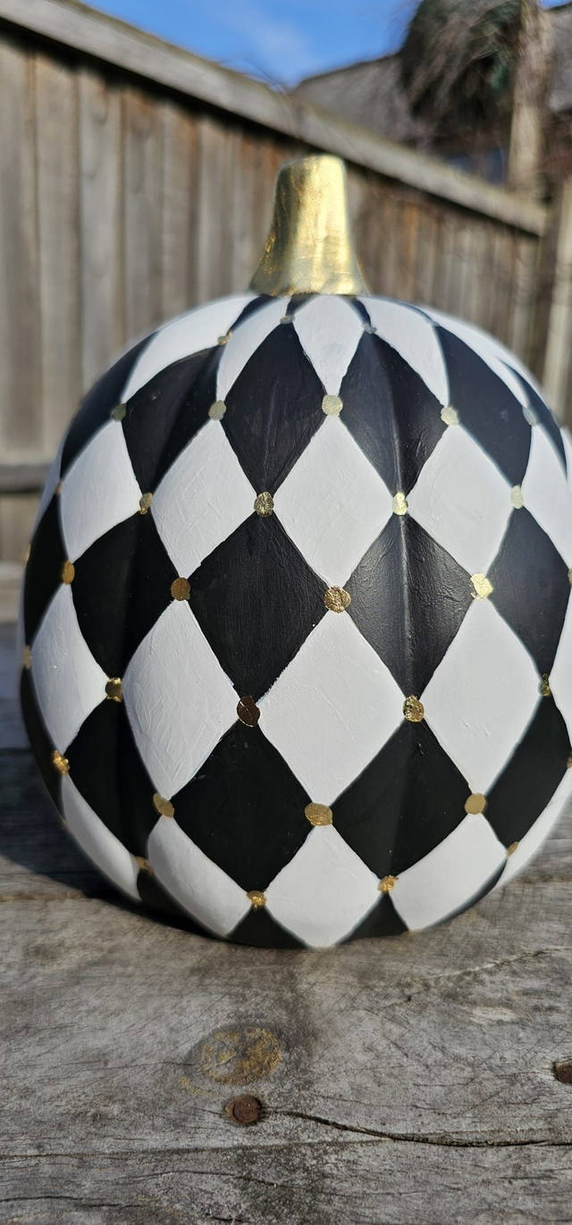 Black, White & Gold Harlequin Ceramic Pumpkin