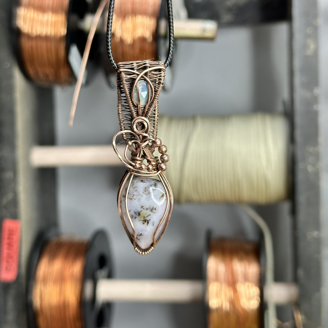 Pink dendritic opal pure copper wrapped pendant 