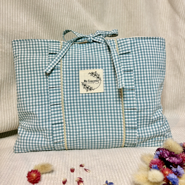 Pochette à livre broché vichy bleu céladon