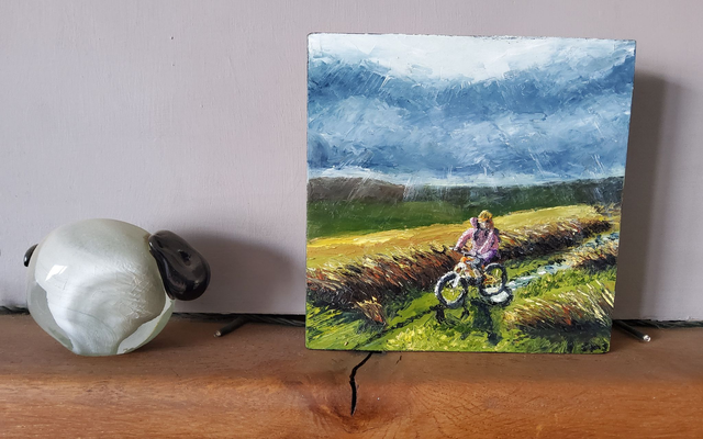 Mountain biker above Low Row in a stormy weather. Original oil on 6x6&quot; wooden canvas. 