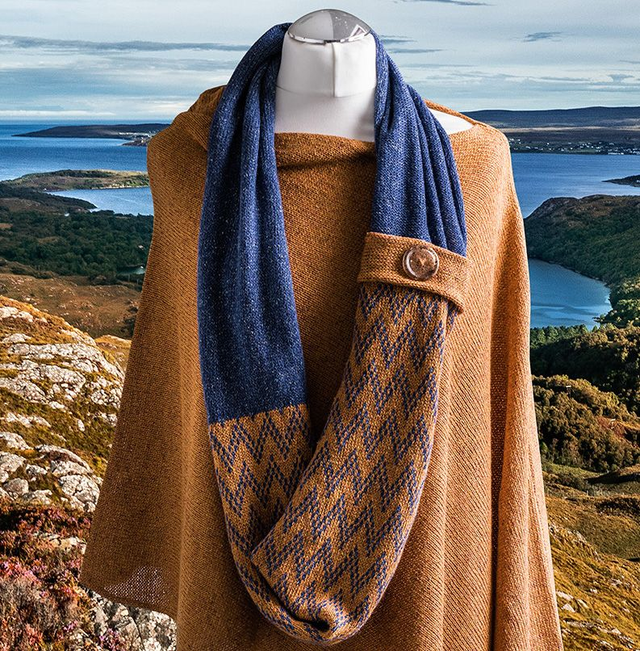 Gairloch Merino Silk Infinity Fairisle Scarf. Women's fairisle knitted scarf. Button Scarf. Autumn Colours Scarf.