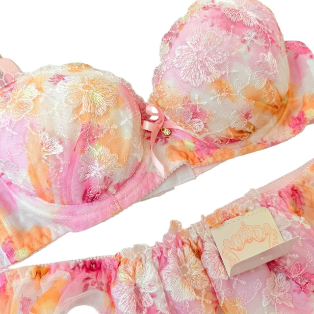 Pink and orange Floral embroidered Japanese Bra + Underwear Set UK 30A  