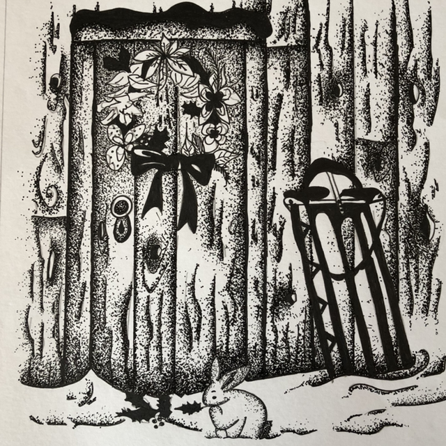 Fête - porte enneigée - 21 x 30 cm - encadrement 