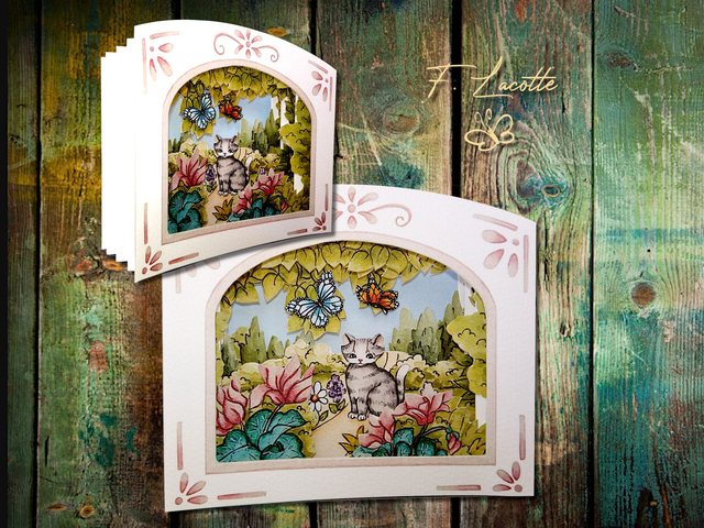 Carte tunnel - Chat gris & cyclamens
