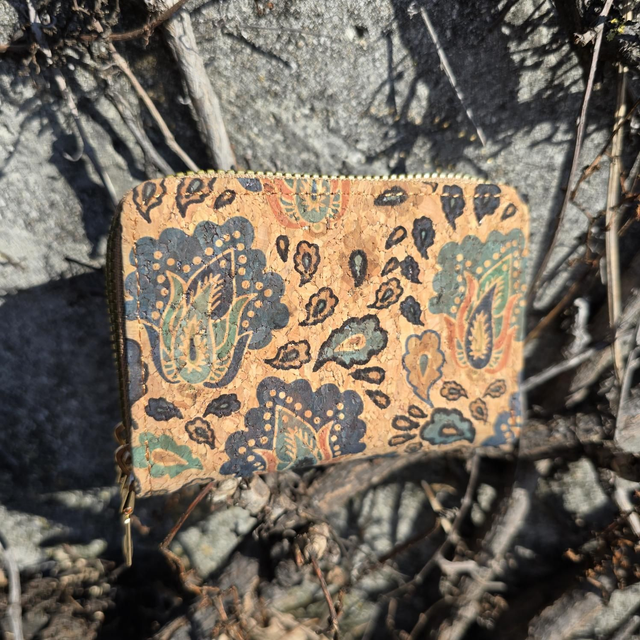 Porte-monnaie &amp; cartes accordéon "Noélia" en liège imprimé tons bleus/orangé