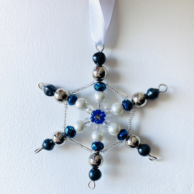 Dark blues, silver and clear snowflake star with vintage beads Christmas hanging decoration 