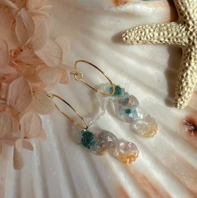 Seahorse Hoop Earrings Gold Plated Style Teal