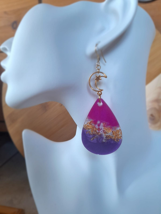 ✨ROMY✨Boucles d'oreilles en résine lune étoilée - Rose violet doré
