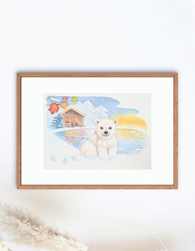 Tableau aquarelle d'hiver ourson au Canada - animaux hivernaux du monde