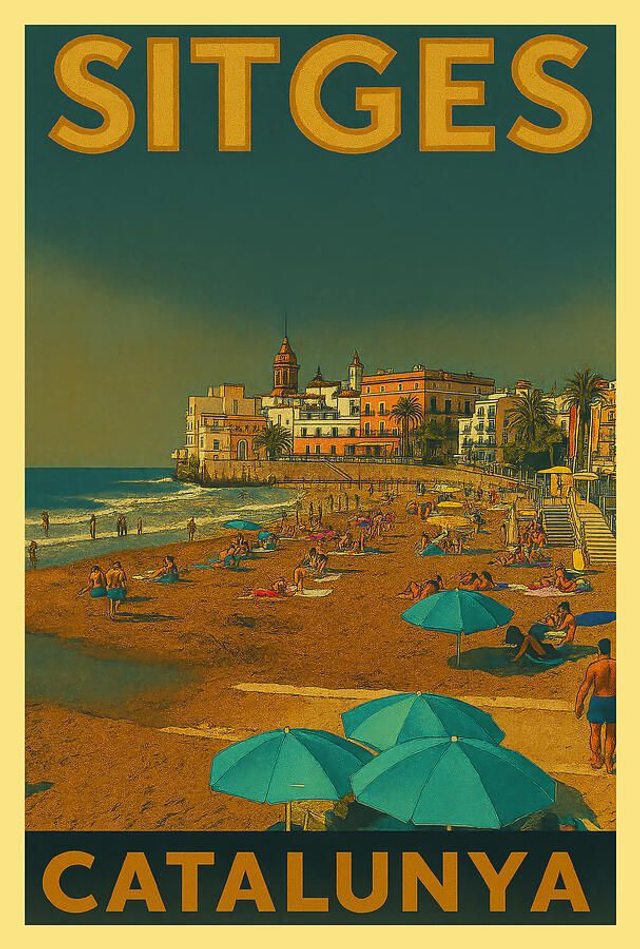 Día soleado en Sitges Playa de San Sebastián. Póster de viaje de estilo vintage. Impresión artística.
