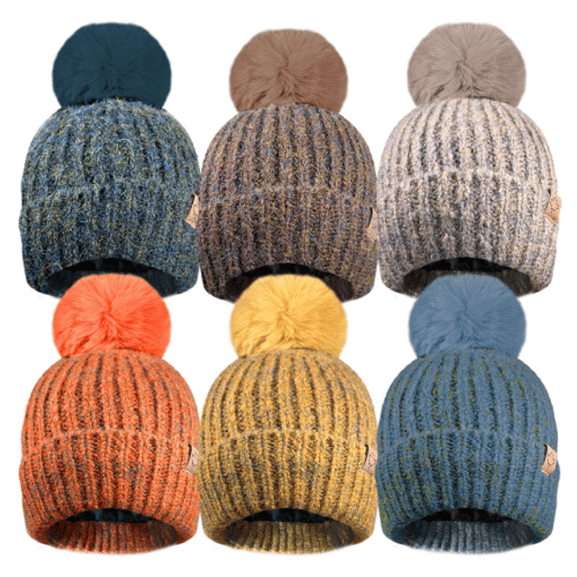 Ladies Marl Hat With Faux Fur Pom Pom Thermal Lined
