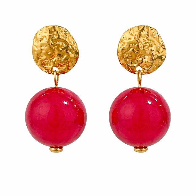 Pendientes acero dorado esfera carmesí 
