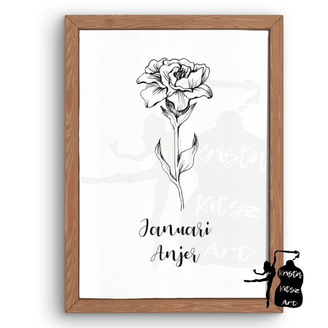 Geboortebloem Januari Anjer Zwart Wit,  luxe kunstprint op fine art papier van originele tekening, met, zonder tekst of eigen tekst