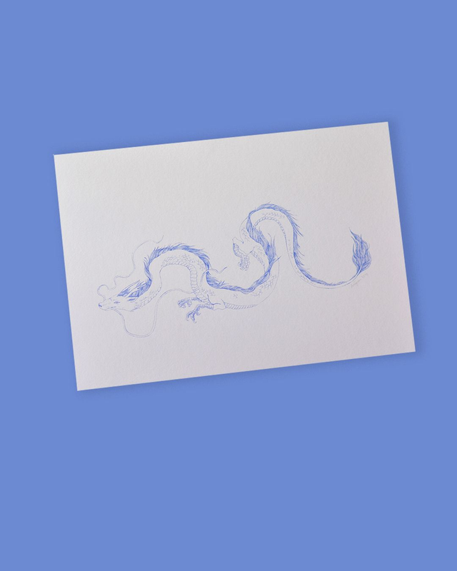 Affichette A4 le dragon - série les animaux bleus - 