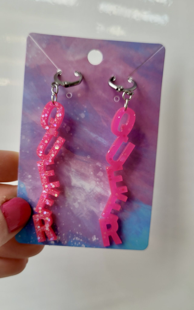 Earrings- Bright Pink Glitter QUEER Earrings | Stainless Steel Leverback Hoops