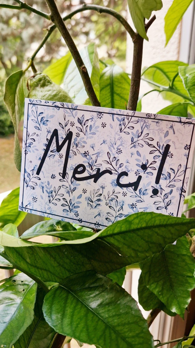 Carte "Merci" - feuillages bleus