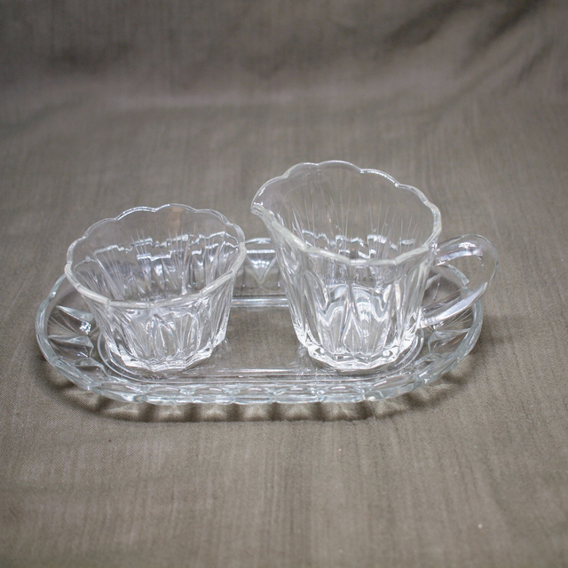 Made in Holland | Suikerpot Melkkan Room set (lengte 21 cm | hoogte 8 cm) Transparant Oud glas Geschulpte rand Geslepen grasmotief | Vintage