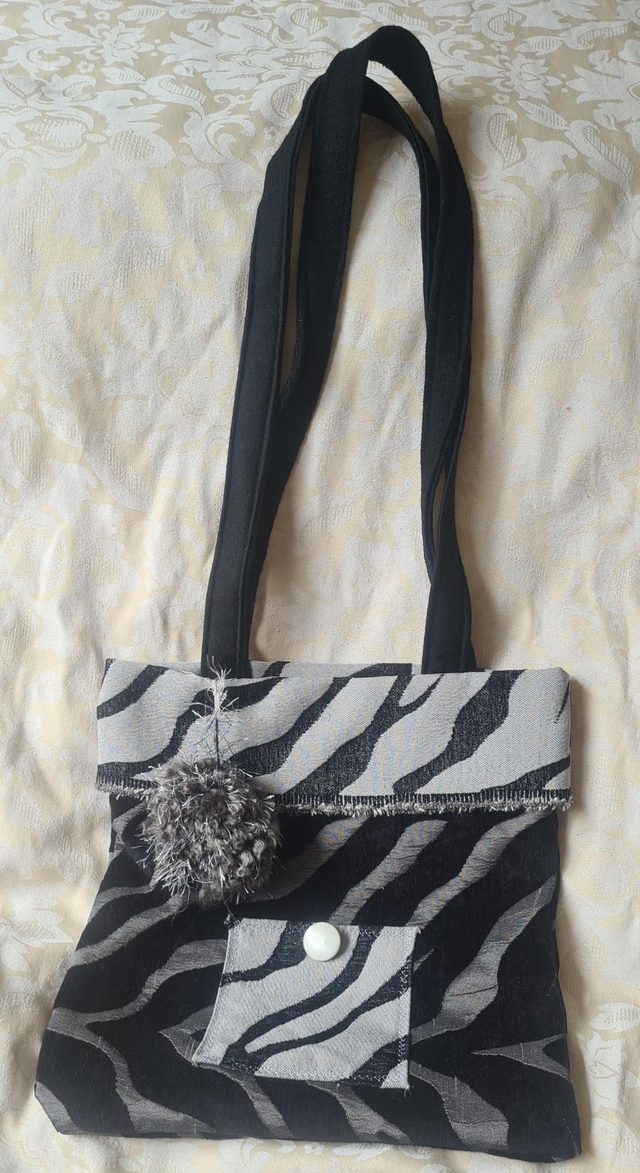 Black / Grey Pom Pom Tote Bag