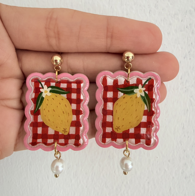 Red Gingham Lemon Pearl Drop Earrings