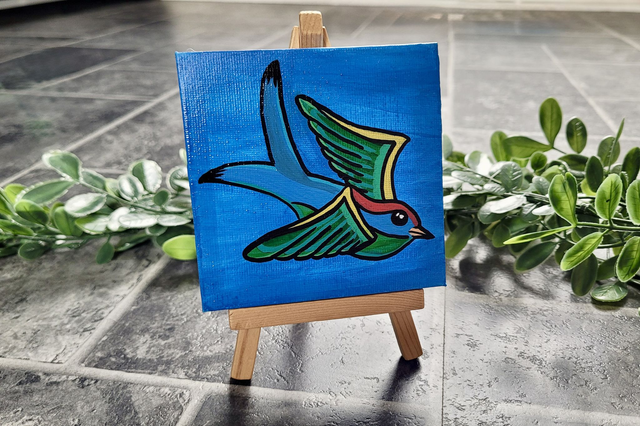 Original Mini Canvas Painting – Blue Swallow - Tattoo Style