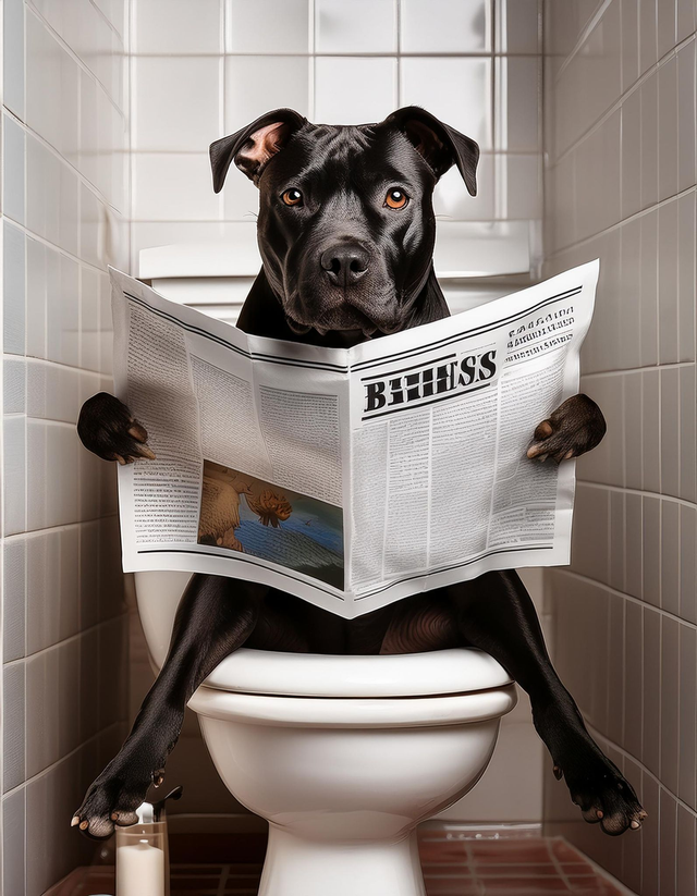 Staffordshire Bull Terrier on the Toilet Framed Canvas