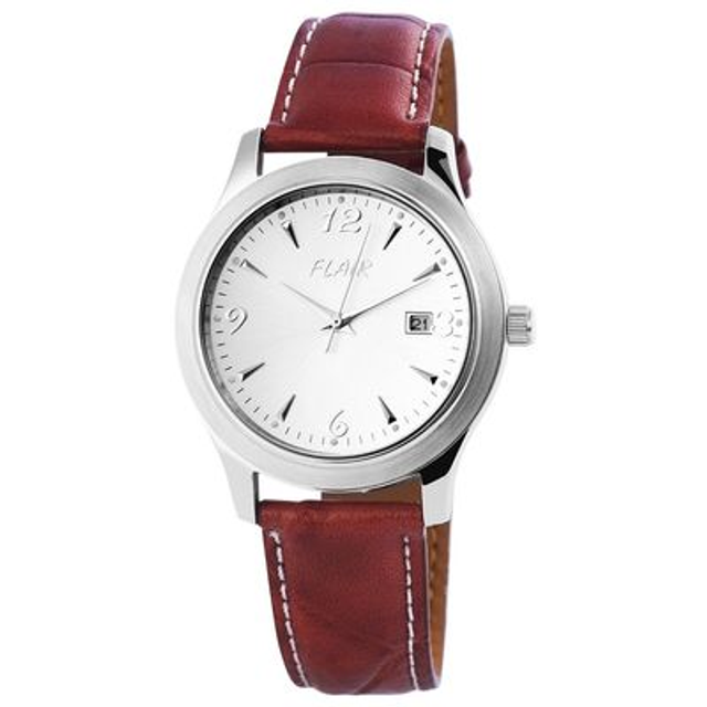 Montre marque Flair mixte date bracelet cuir véritable de couleur rouge