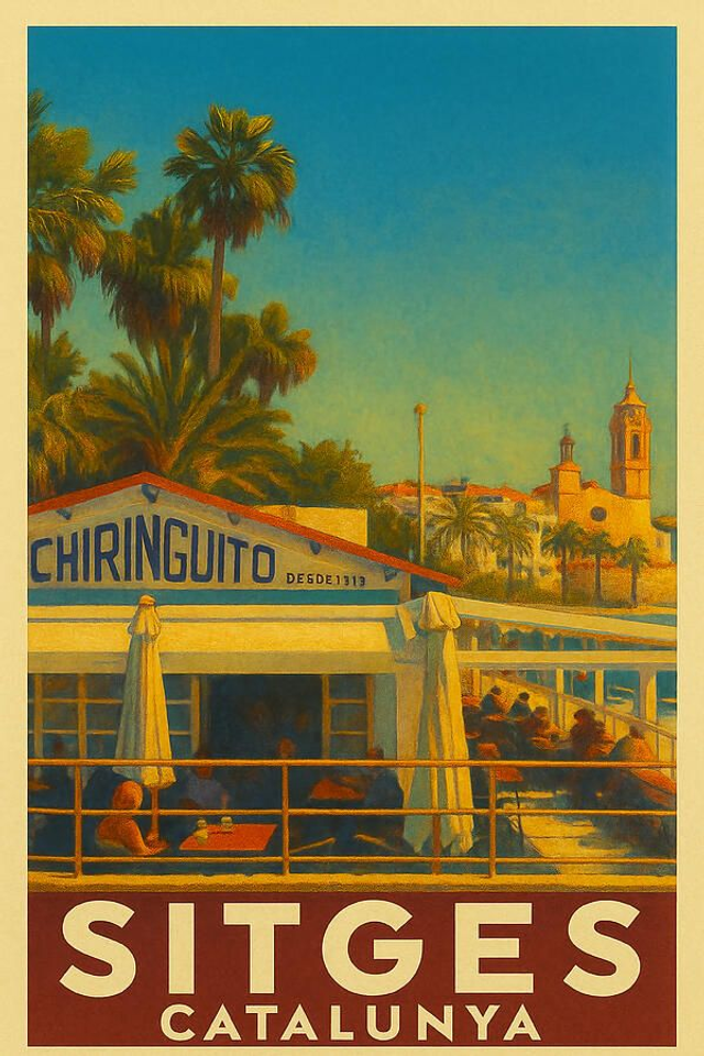 Chiringuito junto a las palmeras - Póster vintage de viaje del chiringuito de Sitges