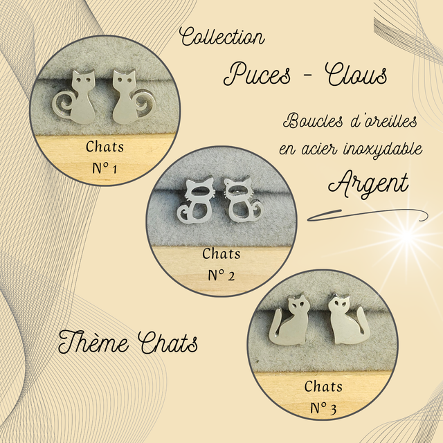 Clous d&#039;oreilles - Thème Chats - Acier Argent