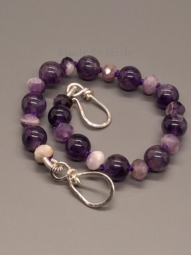 Hand-Knotted Amethyst &amp; Sterling Silver Artisan Bracelet