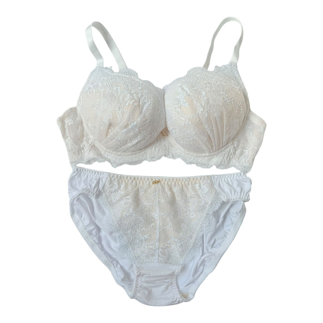 Cream + White Floral Embroidered Japanese Bra + Underwear Set UK 34C   