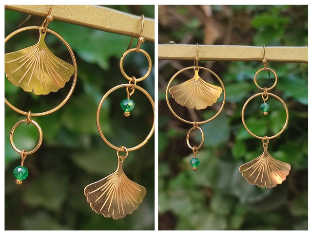 Boucles d'oreilles ginkgo asymétrique et cercle, perles vertes en verre, acier inoxydable doré -sans nickel, pièce unique 