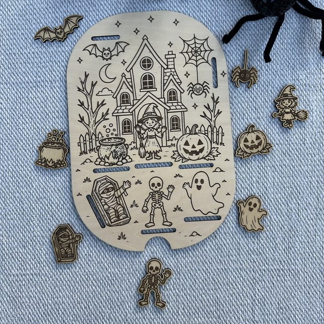 🎃 Plaque sensorielle Halloween en bois – Manoir hanté + jetons
