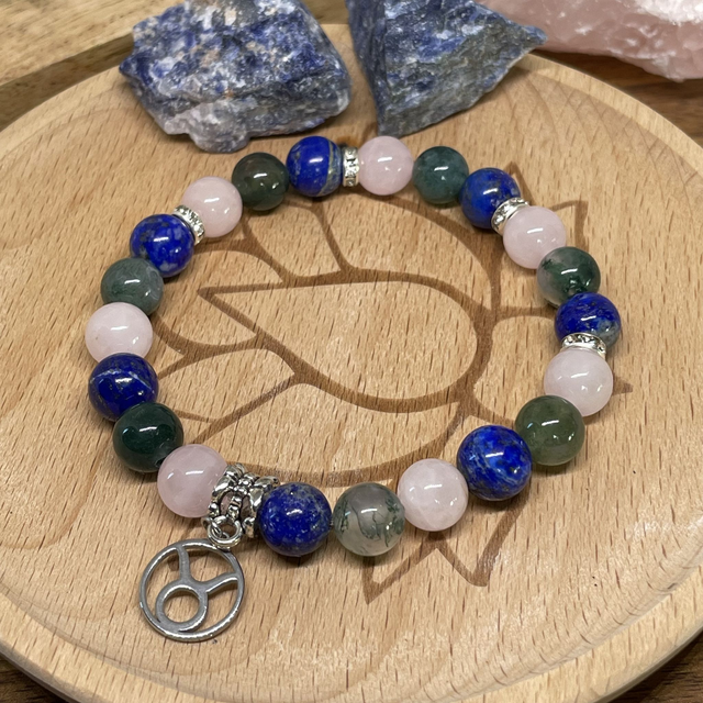 🌸♉️🍀Bracelet Signe Taureau Quartz rose, Lapis Lazuli et Agate mousse