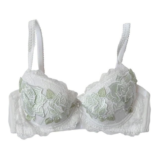 White +Green embroidered flowers Japanese Bra UK 32A 