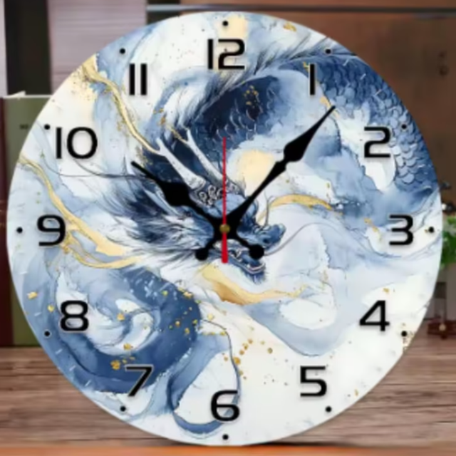 Ronde wandklok van hout Blauw Witte Draak (25cm)