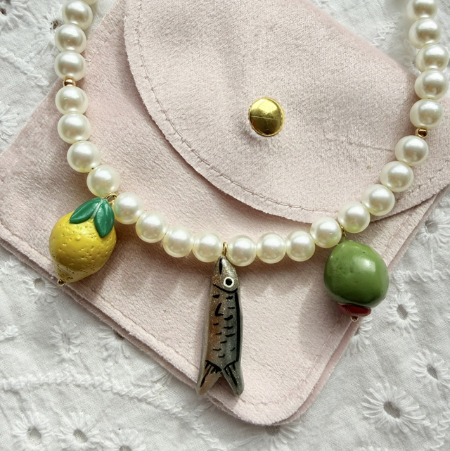 Olivia – Lemon, Sardine & Olive Pearl Charm Necklace