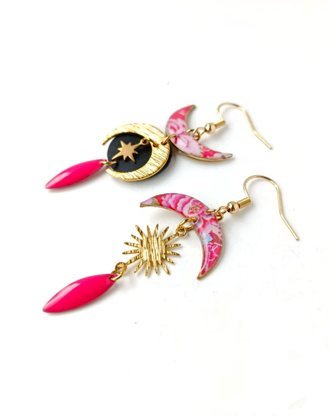 Boucles d'oreilles Asymétriques Upcyclées en Chambre à Air et Papier Recyclés - Lunaire