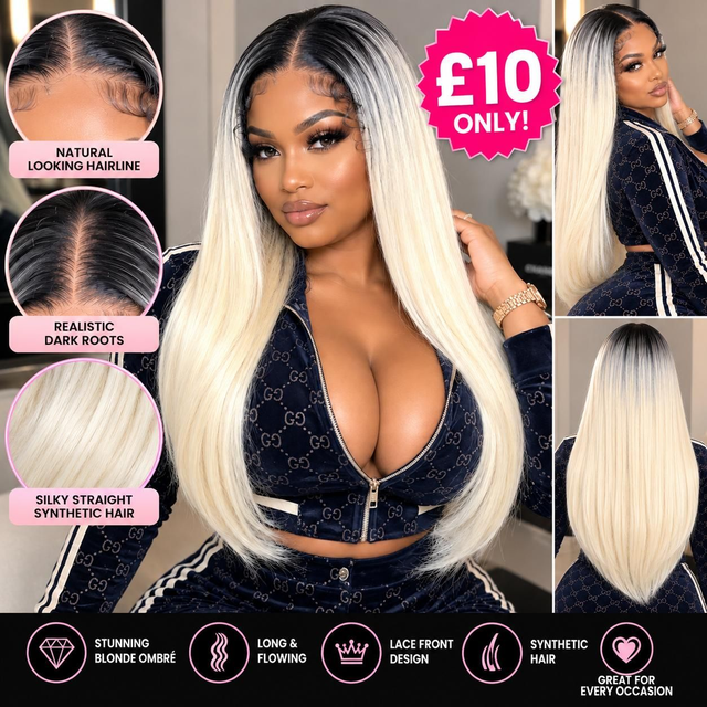 🔥 £10 BARGAIN! Platinum Blonde Ombre Synthetic Lace Front Wig | Dark Roots | Long Silky Straight Hair | Budget Glam Wig