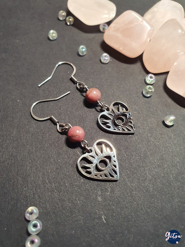 Boucles d&#039;oreilles coeur et rhodonite