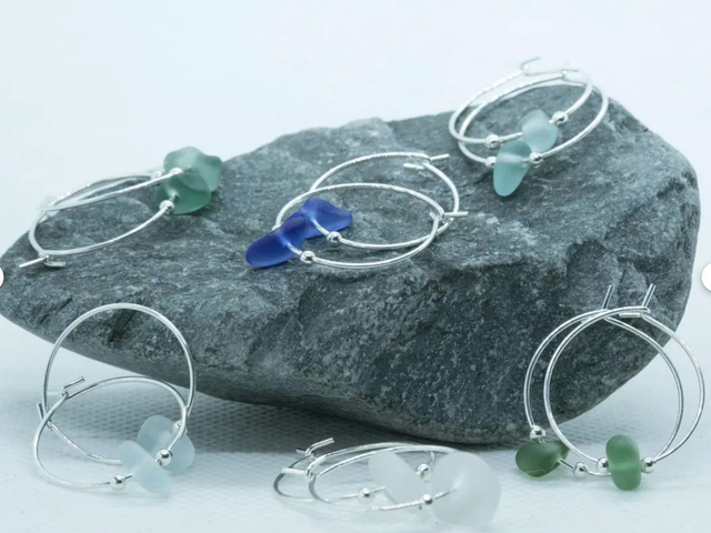 Medium sea glass hoop earrings with silver beads (20mm diameter)