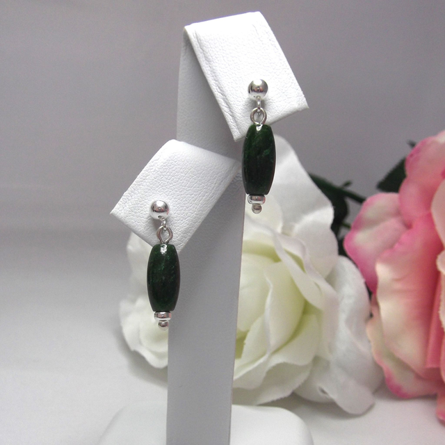 Green Jade gemstone bead drop earrings with silver ear post