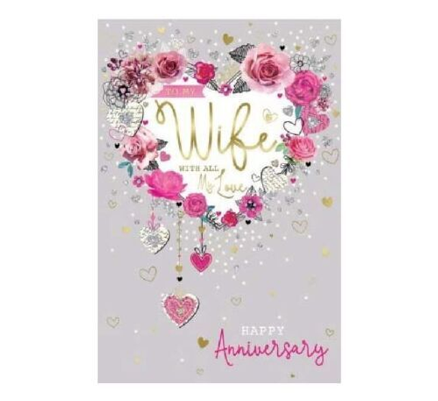 Anniversary Wife Card Heart Roses &amp; Flowers Design Lovely Verse
